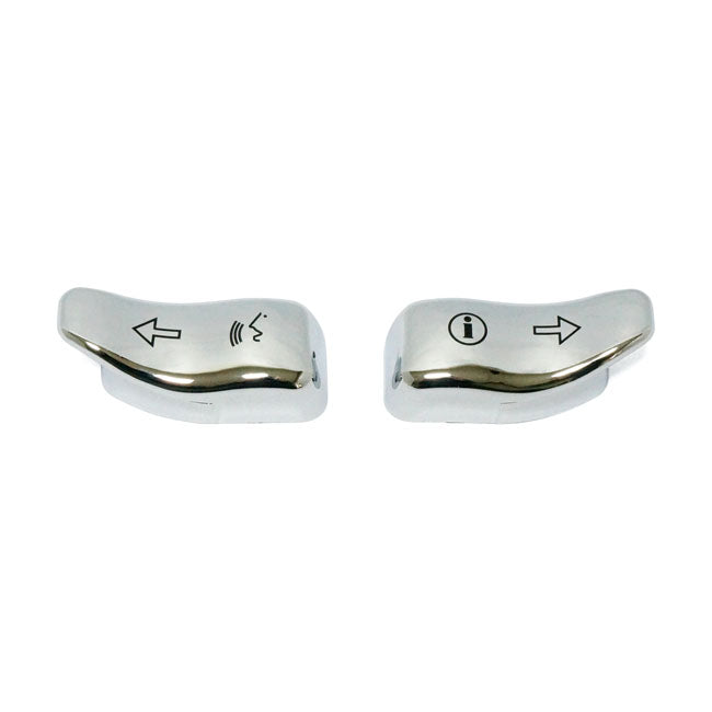 Turn signal switch extender cap set. Chrome — 14-25 Touring (excl. FLHT Standard; 23-25 FLTRXSE; 24-25 FLTRXSTSE; 23-25 FLHXSE; 24-25 FLHX; 2025 FLHXU; 24-25 FLTRX); 14-25 FLHTCUTG Trike. (excl. all CVO models and models with lighted switches)