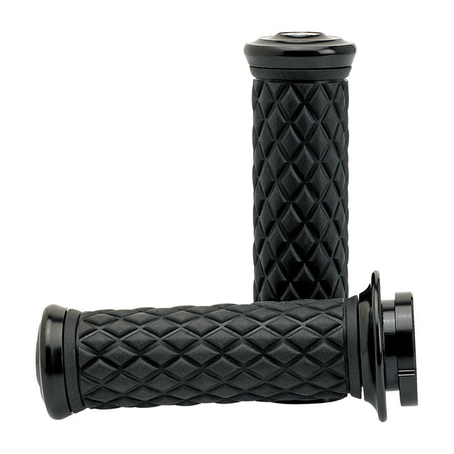 Biltwell, Alumicore grips. Black — 08-25 H-D with e-throttle (excl. 2025 Softail; 11-17 Softail CVO models; 23-25 FLHXSE; 24-25 FLHX; 2025 FLHXU; 24-25 FLTRX; 18-25 FLTRXSE; 24-25 FLTRXSTSE; 21-25 RA Pan America & RH Sportster/Nightster models)