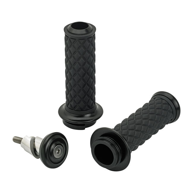 Biltwell, Alumicore grips. Black — 08-25 H-D with e-throttle (excl. 2025 Softail; 11-17 Softail CVO models; 23-25 FLHXSE; 24-25 FLHX; 2025 FLHXU; 24-25 FLTRX; 18-25 FLTRXSE; 24-25 FLTRXSTSE; 21-25 RA Pan America & RH Sportster/Nightster models)