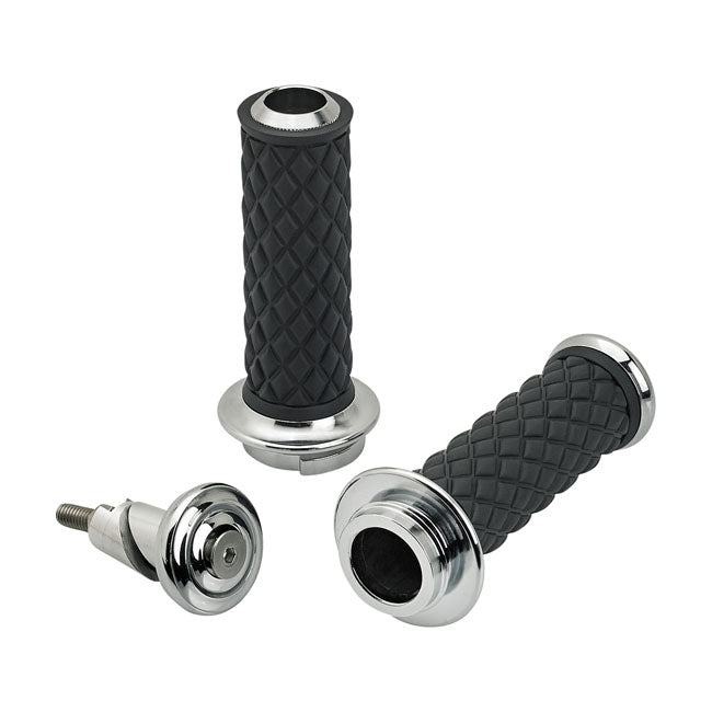 Biltwell, Alumicore grips. Chrome — 08-25 H-D with e-throttle (excl. 2025 Softail; 11-17 Softail CVO models; 23-25 FLHXSE; 24-25 FLHX; 2025 FLHXU; 24-25 FLTRX; 18-25 FLTRXSE; 24-25 FLTRXSTSE; 21-25 RA Pan America & RH Sportster/Nightster models)