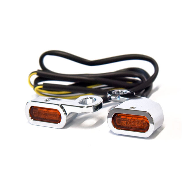 Fastline, below bar LED turn signal set. Chrome — 00-14 Softail; 99-17 Dyna; 96-03 XL Sportster (NU)