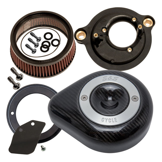 S&S Stealth, carbon teardrop air cleaner kit — 18-24 (NU) Softail; 17-25 FLT/Touring (excl. 24-25 FLHX; 2025 FLHXU; 24-25 FLTRX; 23-25 FLHXSE; 23-25 FLTRXSE; 24-25 FLTRXSTSE); 17-25 Trikes