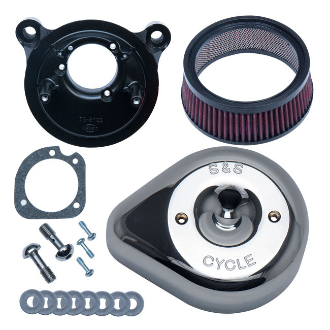 S&S Stealth, chrome teardrop air cleaner kit — 08-16 (NU) FLT/Touring; 16-17 (NU) Softail with e-throttle ( Excl. Tri-glide and CVO models)
