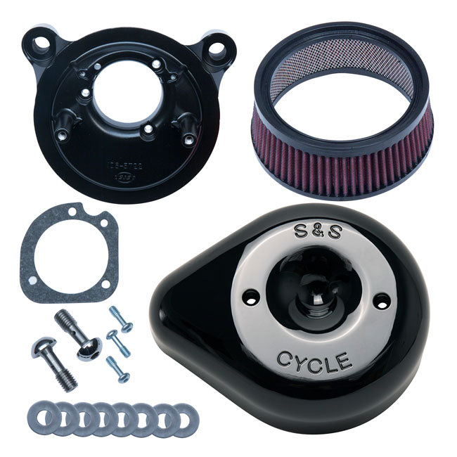 S&S Stealth, black teardrop air cleaner kit — 08-16 (NU) FLT/Touring; 16-17 (NU) Softail with e-throttle ( Excl. Tri-glide and CVO models)