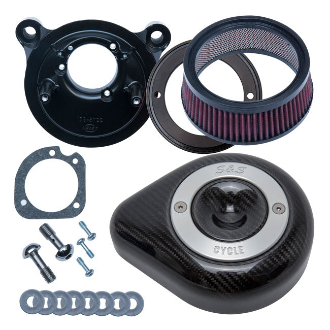 S&S Stealth, carbon teardrop air cleaner kit — 00-15 Softail; 99-17 Dyna (Excl. 2017 FXDLS); 99-07 FLT/Touring. Bikes with CV carburetor & Delphi Elec. Fuel Injection (EFI) (Excl. e-throttle)