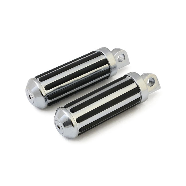 Rail foot pegs small diameter. Chrome w/rubber inlays — All H-D with traditional male mount. (Excl. rider/passenger on: 18-24 Softails; 20-21 Livewire. Excl. rider location on: 15-20 XG; 10-22 XL1200X/XS; 11-20 XL1200C; 12-16 XL1200V)