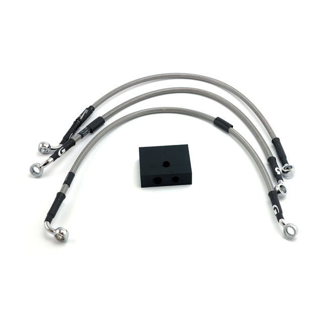 MCS by Goodridge brake line front, stainless clear coated — 14-17 FXDF Dyna Fat Bob ABS; 14-17 FXDLS Dyna Low Rider S with ABS (NU)