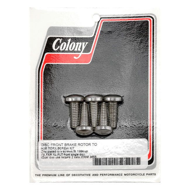 Colony, front brake rotor bolt kit. Zinc — Front: 84-15 (NU) FX; 84-94 (NU) FXR; 18-25 various Softail; 84-25 FLT/Touring; 84-22 (NU) XL Sportster; 06-17 (NU) Dyna. Models with cast wheel hub mount