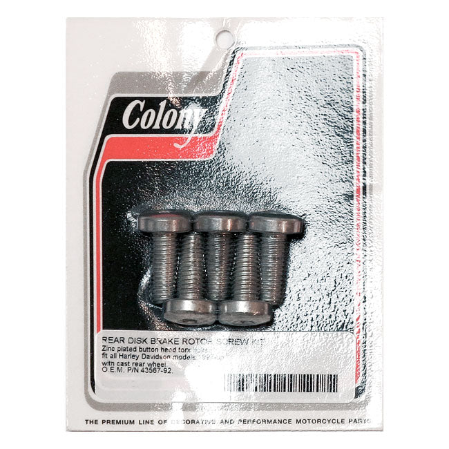Colony, front/rear brake rotor bolt kit. Button head Torx — Rear: 92-25 Big Twin; 92-22 (NU) XL Sportster; 02-17 (NU) V-Rod models; 73-80 FX. Front: 73-84 FL.