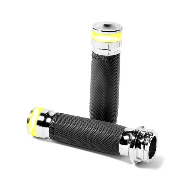 PM, Contour vision LED turn signal grips. Chrome — 74-22 H-D with single or dual throttle cables (Excl. Street) (NU)