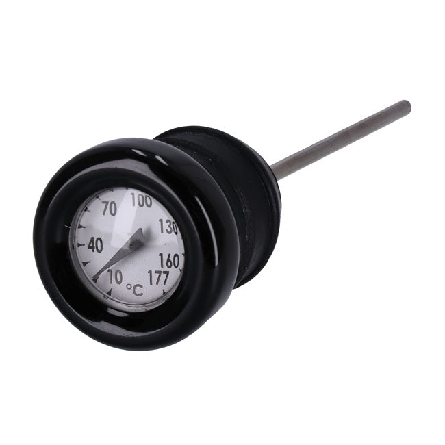 Oil tank dipstick with temperature gauge. Black w/white face — 70-84 Big Twin; 70-78 XL Sportster (NU) and some custom tanks