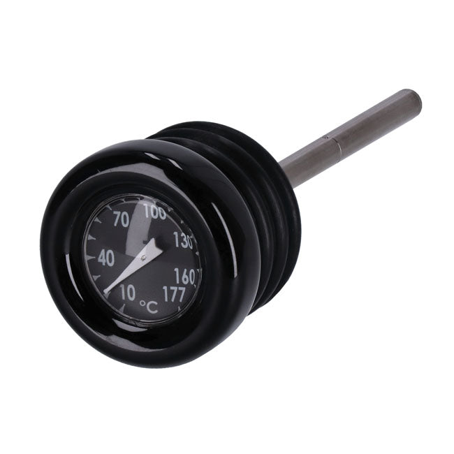 Oil tank dipstick with temperature gauge. Black w/black face — 84-99 Softail; 82-03 XL Sportster (NU)