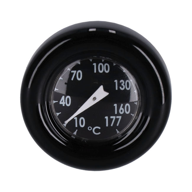 Oil tank dipstick with temperature gauge. Black w/black face — 00-17 Softail (Excl. FXSB; FXCW/C) (NU)