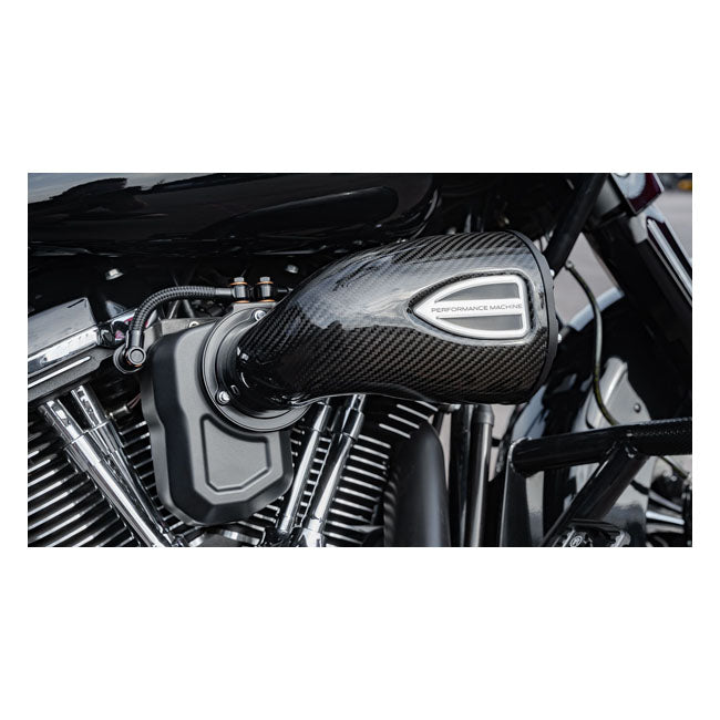 PM, C4 Series air cleaner. Black carbon fiber — 18-24 (NU) Softail; 17-25 FLT/Touring (excl. 24-25 FLHX; 2025 FLHXU; 24-25 FLTRX; 23-25 FLHXSE; 23-25 FLTRXSE; 24-25 FLTRXSTSE); 17-25 Trikes