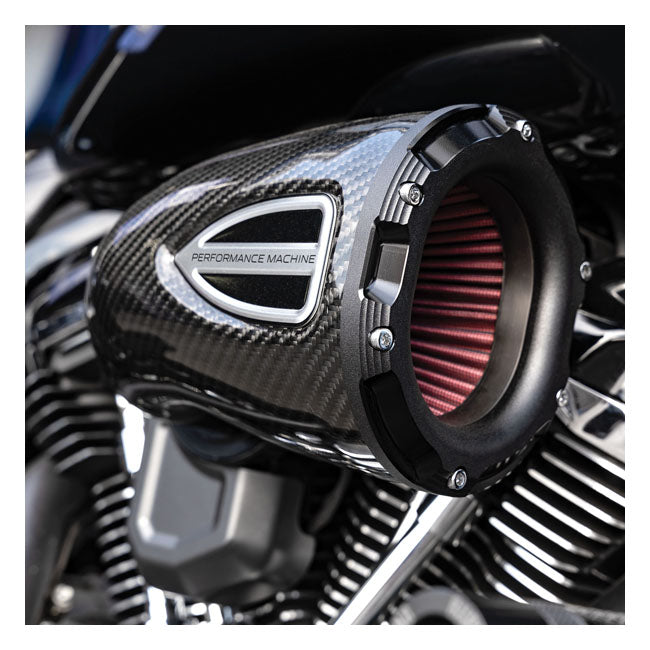 PM, C4 Series air cleaner. Black carbon fiber — 25-26 Softail (excl. FXLRST); 24-26 FLHX; 2025 FLHXU; 24-26 FLTRX; 2026 FLTRXL; 23-25 FLHXSE; 2026 FLHXLSE; 2026 FLHXLSTSE; 23-25 FLTRXSE; 24-26 FLTRXSTSE