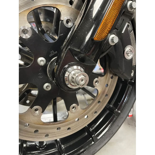 Bare Knuckle Performance, stainless axle kit. Front wheel — 08-25 FLT/Touring (excl. 23-25 CVO with inverted forks; 24-25 FLHX; FLTRX; 2025 FLHXU)