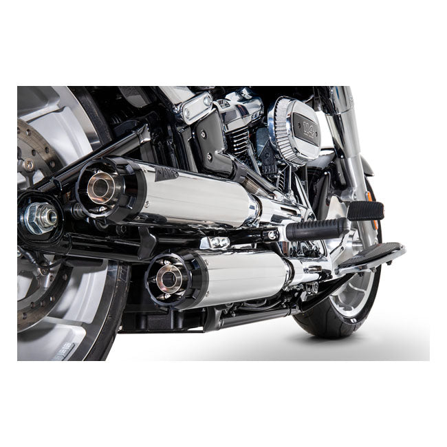 Zard, ''Overlapped'' 2-2 slip-on mufflers. Polished — 18-24 Softail FXB; FXBRS Breakout; FLFB; FLFBS Fat Boy (NU)
