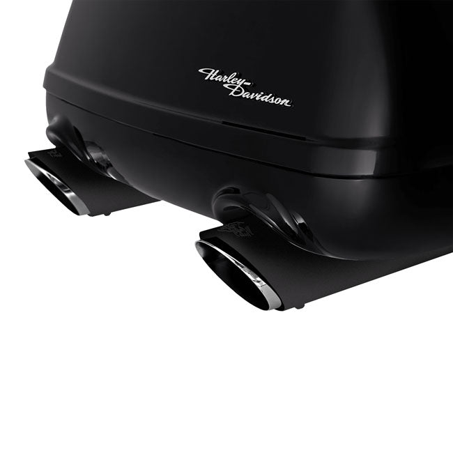 Vance & Hines, 4" Twin Slash Round slip-on mufflers. Black — 17-25 (NU) FLRT Freewheeler Trike; 23-26 FLTRT Road Glide 3 Trike. Requires disabling 2nd; down stream O2 sensor(s) of 20-up EU models
