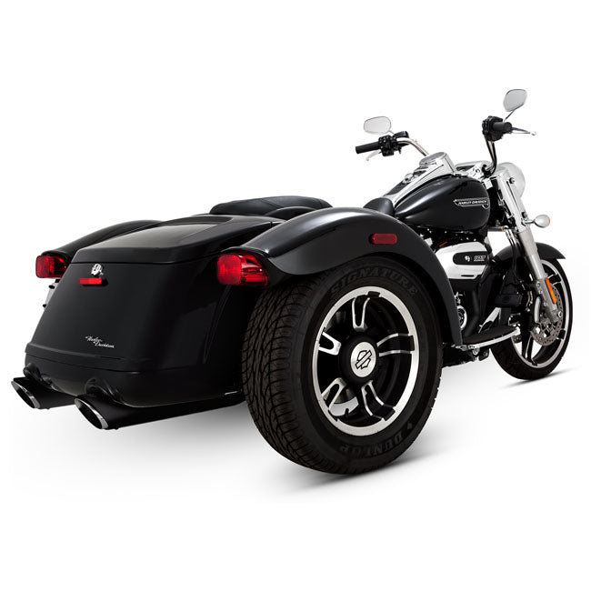 Vance & Hines, 4" Twin Slash Round slip-on mufflers. Black — 17-25 (NU) FLRT Freewheeler Trike; 23-26 FLTRT Road Glide 3 Trike. Requires disabling 2nd; down stream O2 sensor(s) of 20-up EU models