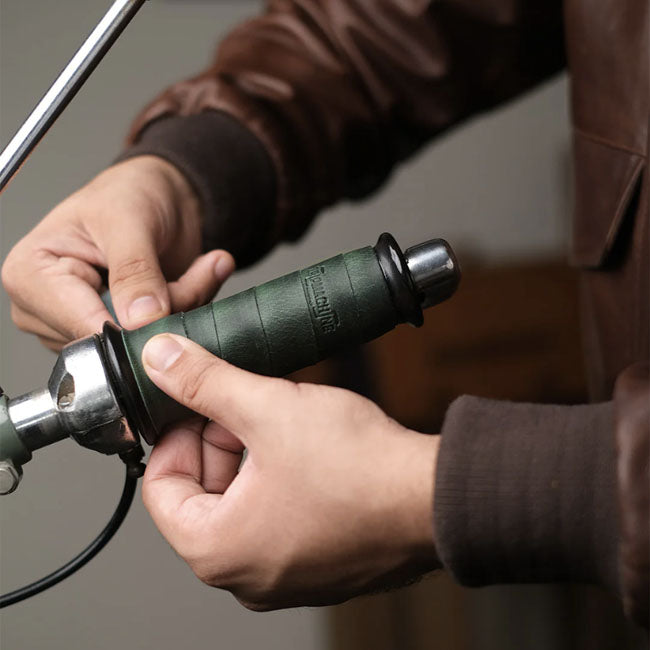 Trip Machine, leather handlebar grip wraps. Forest Green