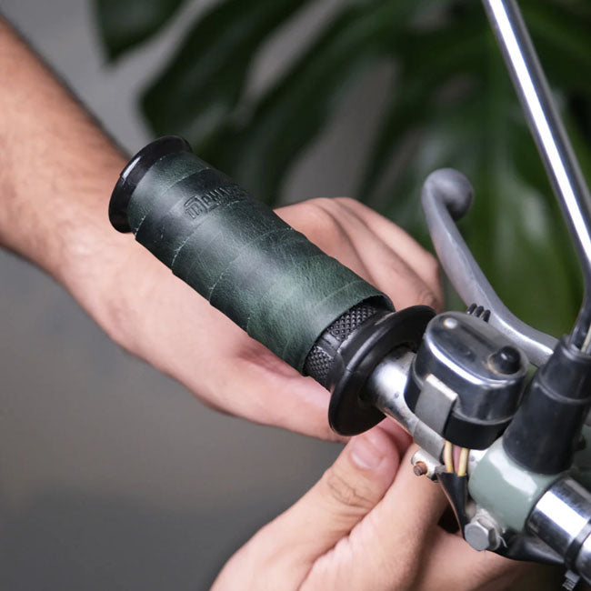 Trip Machine, leather handlebar grip wraps. Forest Green