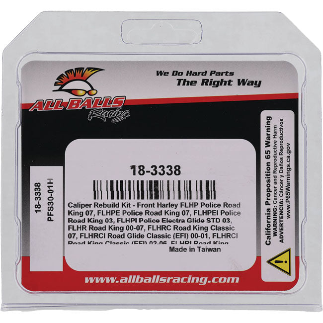 All Balls, caliper rebuild kit. Front DD — Front (dual disc): 00-07 Touring; 00-07 Dyna; 00-07 Softail (excl. Springer models); 00-03 XL Sportster; 02-05 V-Rod (NU)