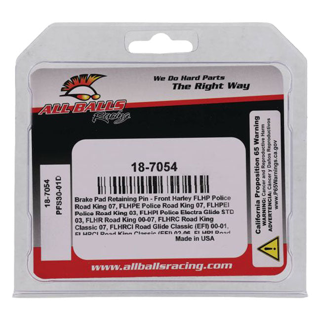 All Balls, brake pad retaining pin — 00-07 Big Twin (excl. L88-07 Softail Springer models front); 00-03 XL Sportster; 02-05 V-Rod (NU)
