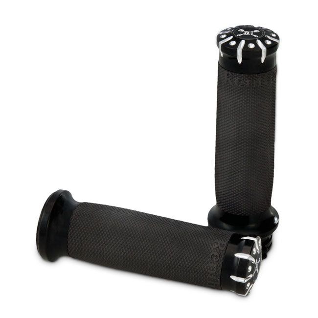 Burly, Hawk Billet grip set. Black CC stripes/dots — 74-22 H-D with single or dual throttle cables (excl. Street)