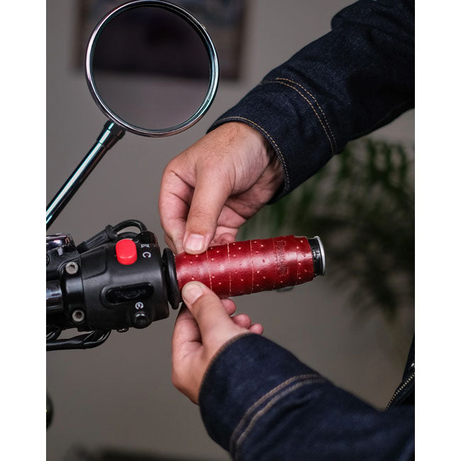 Trip Machine, handlebar grip wraps. Cherry Red perforated