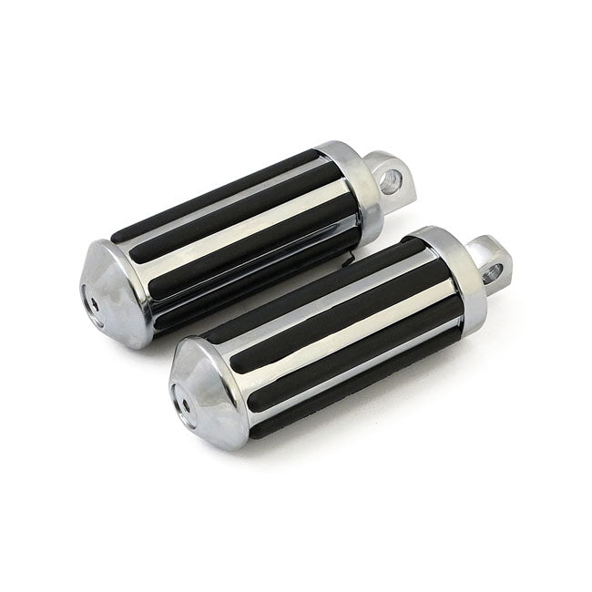 Rail foot pegs large diameter. Chrome w/rubber inlays — All H-D with traditional male mount. (Excl. rider/passenger on: 18-24 Softails; 20-21 Livewire. Excl. rider location on: 15-20 XG; 10-22 XL1200X/XS; 11-20 XL1200C; 12-16 XL1200V)