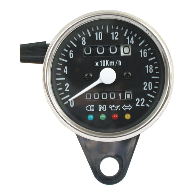 LED mini speedo 2:1 kmh. Chrome with black face plate