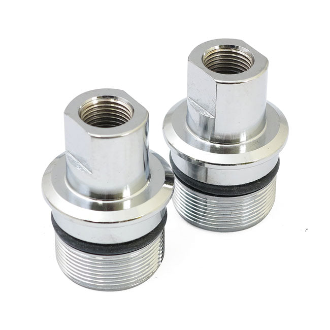 Fork tube plug set. Chrome — L77-84 FL; 80-86 FXWG; 80-83 and 00-13 FLT/Touring; 84-17 Softail (Excl. 13-17 FXSB); 93-05 FXDWG (NU)