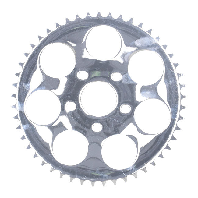 Rear sprocket, chrome. 49t — 73-85 4-speed Big Twin; 79-81 XL Sportster (NU)