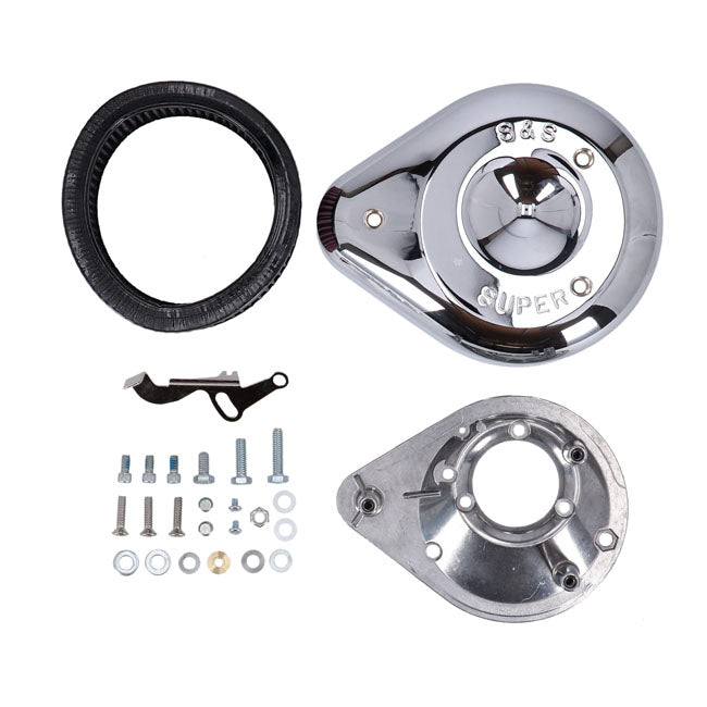 S&S, teardrop air cleaner assembly. Chrome — 66-84 Big Twin; 57-85 XL Sportster (NU) with Super E/G carburetor