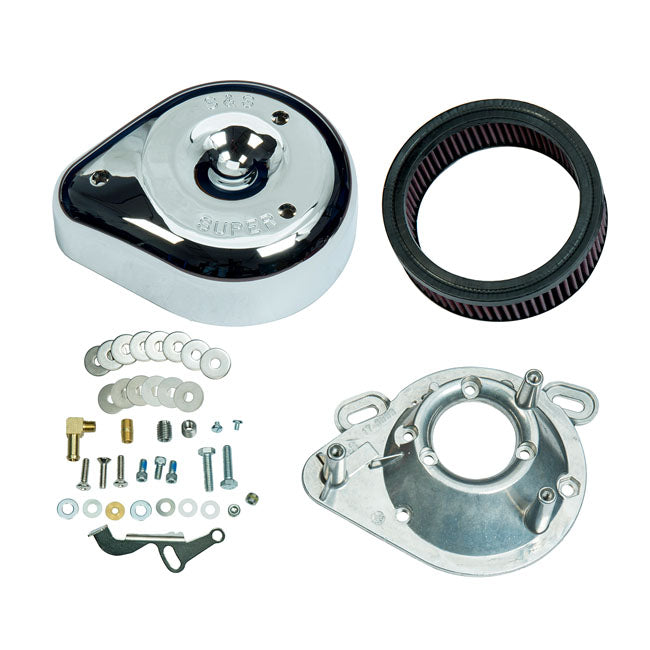 S&S, teardrop air cleaner assembly. Chrome — 84-92 Big Twin; 86-90 XL Sportster (NU). With S&S Super E/G carburetor