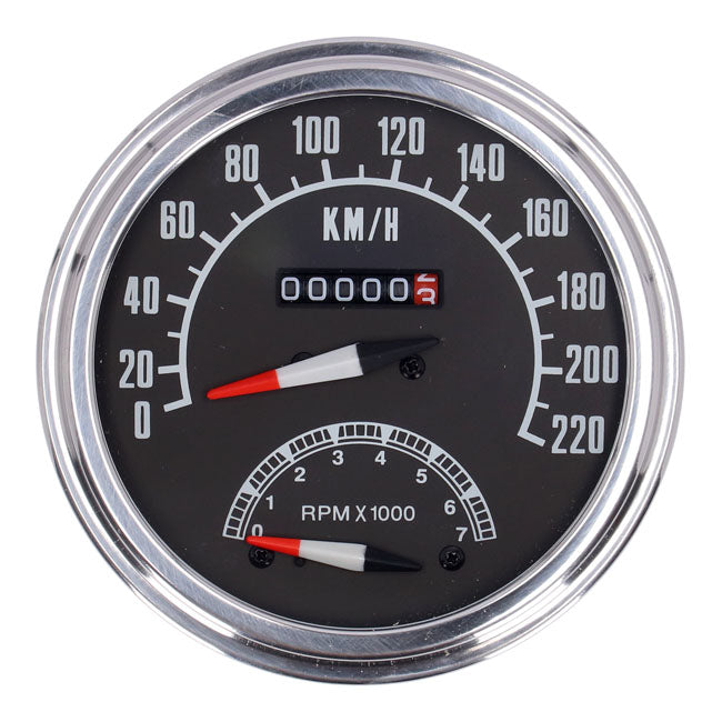 FL speedo/tachometer, ''73-84 face'', black. 2:1 kmh
