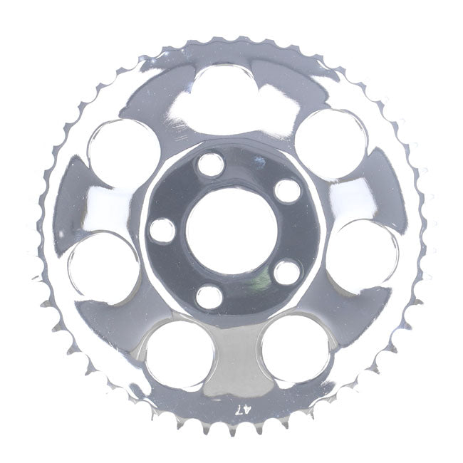 Rear sprocket, chrome. 47t — 73-85 4-speed Big Twin; 79-81 XL Sportster (NU)