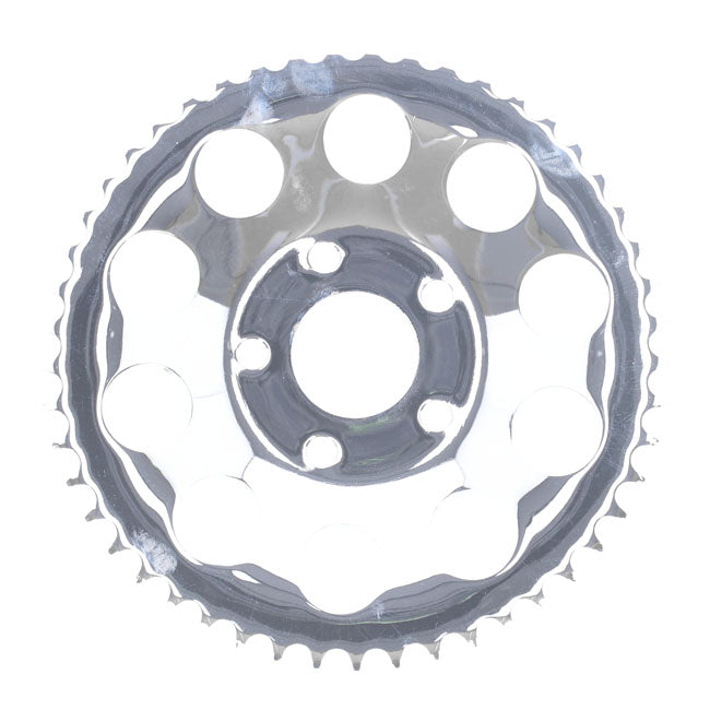 Rear sprocket, chrome. 49t — 82-85 FXR; 73-99 style offset chop (NU)
