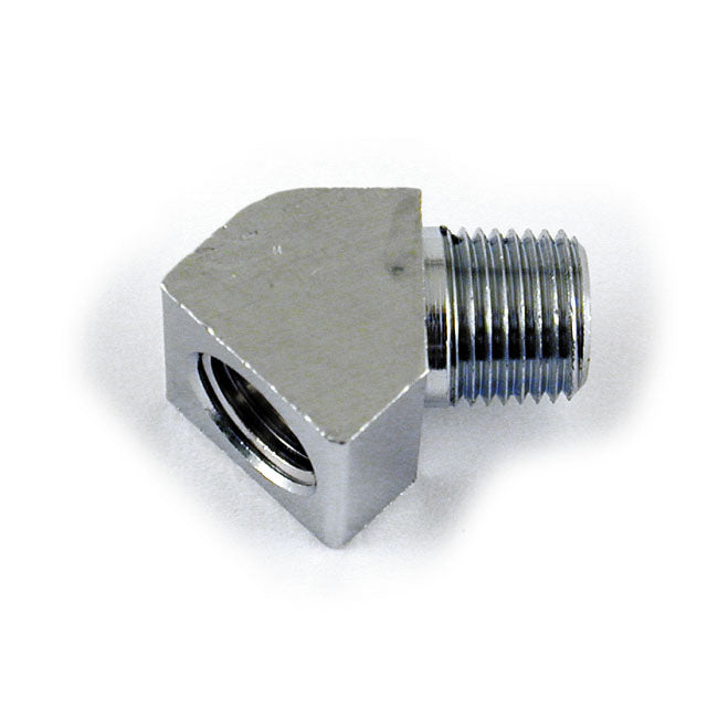 Adapter oil gauge fitting, 45 degrees. 1/8" NPT. Chrome