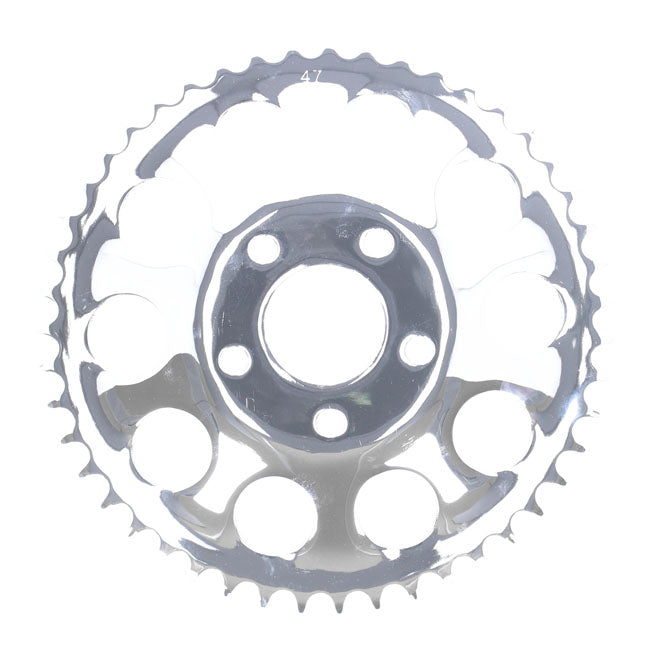 Rear sprocket, chrome. 47t — 82-85 FXR; 73-99 style offset chop (NU)
