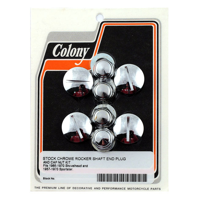 Colony, rocker shaft plug & nut kit. Slotted. Chrome — 66-E71 Shovelhead; 57-E71 XL Sportster (NU)