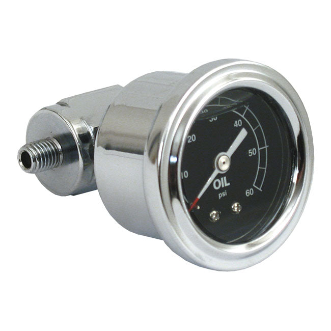 Oil pressure gauge kit rocker box, 0-60 PSI. Chrome — 66-70 Big Twin; 57-70 XL Sportster (NU)