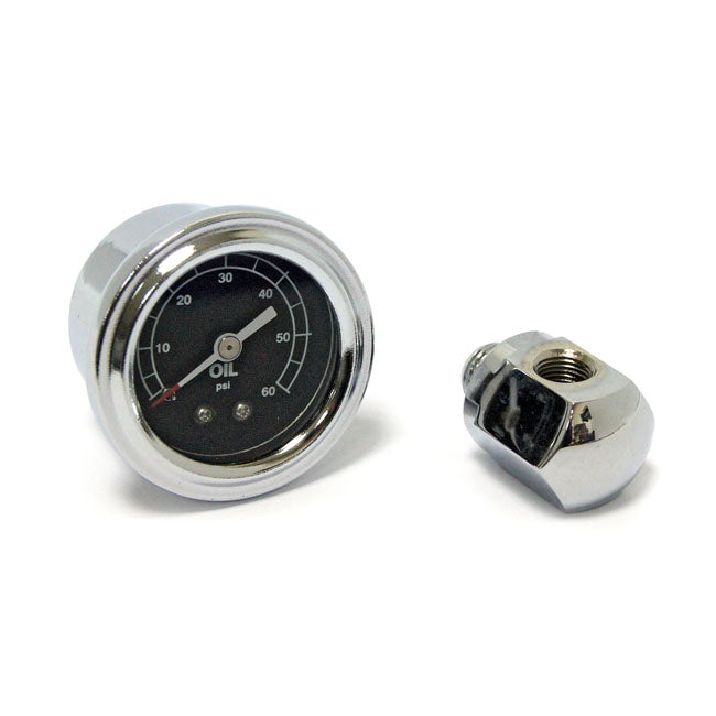 Oil pressure gauge kit rocker box, 0-60 PSI. Chrome — 71-84 Big Twin; 71-85 XL Sportster (NU)