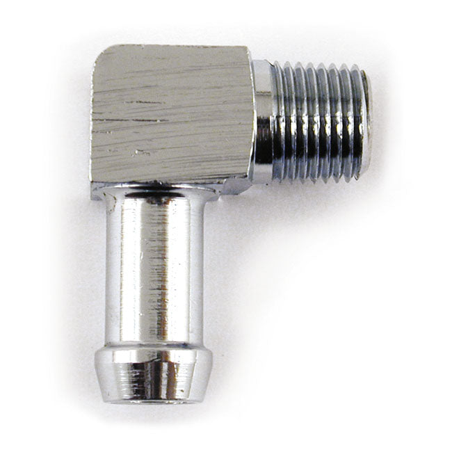 Oil line fitting, 90 degree. 1/8-27 NPT to 5/16". Chrome