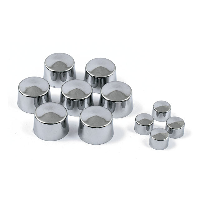 Smoothtopps, push-on bolt cover set. Chrome — 00-07 Softail (Excl. Springers); 00-07 Dyna; 00-07 FLT/Touring; 00-03 XL Sportster (NU)