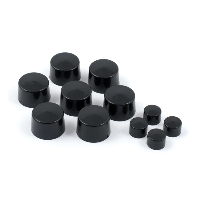 Smoothtopps, push-on bolt cover set. Black — 00-07 Softail (Excl. Springers); 00-07 Dyna; 00-07 FLT/Touring; 00-03 XL Sportster (NU)