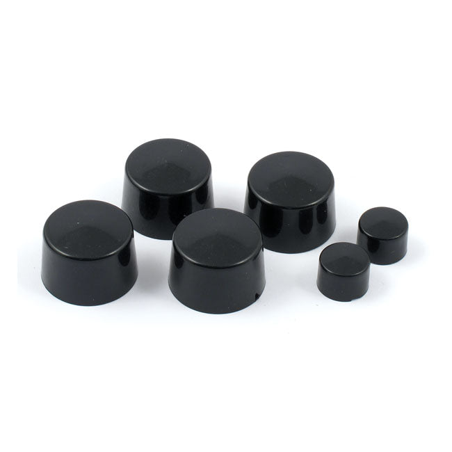 Smoothtopps, push-on bolt cover set. Black — 08-26 Softail (excl. Springers); 08-17 (NU) Dyna; 08-26 FLT/Touring (excl. 23-25 CVO); 08-22 (NU) XL Sportster; 22-26 RH975 Nightsters
