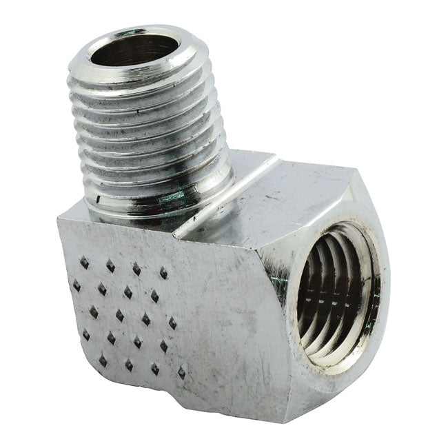 Adapter oil line fitting, 90 degrees. 1/4" NPT. Chrome — 905376