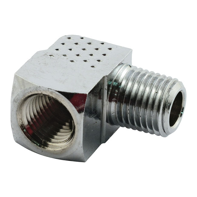 Adapter oil line fitting, 90 degrees. 1/4" NPT. Chrome — 905376