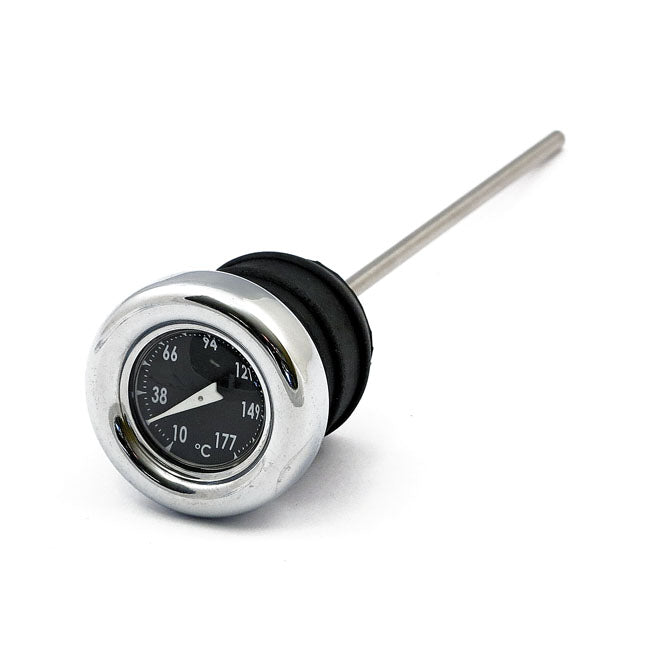 Oil tank dipstick with temperature gauge. Chrome black face — 70-84 Big Twin; 70-78 XL Sportster; some custom tanks (NU)